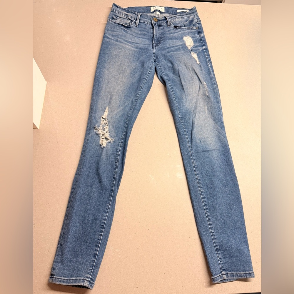 Frame Le Skinny De Jeanne blue distressed stretch jeans size 27